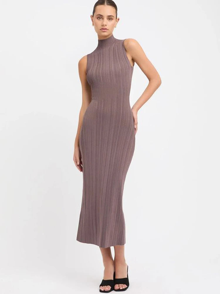 2024 Spring Summer Knitted Long Dress Women Elegant Turtleneck Sleeveless Basic Bodycon Solid Maxi Dresses Female Vestidos