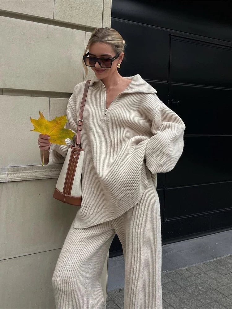 Autumn Winter Women Two Piece Set Turtleneck Half Zipper Knit Sweater+High Waist Straight Wide Leg Pants Female Knitted Set