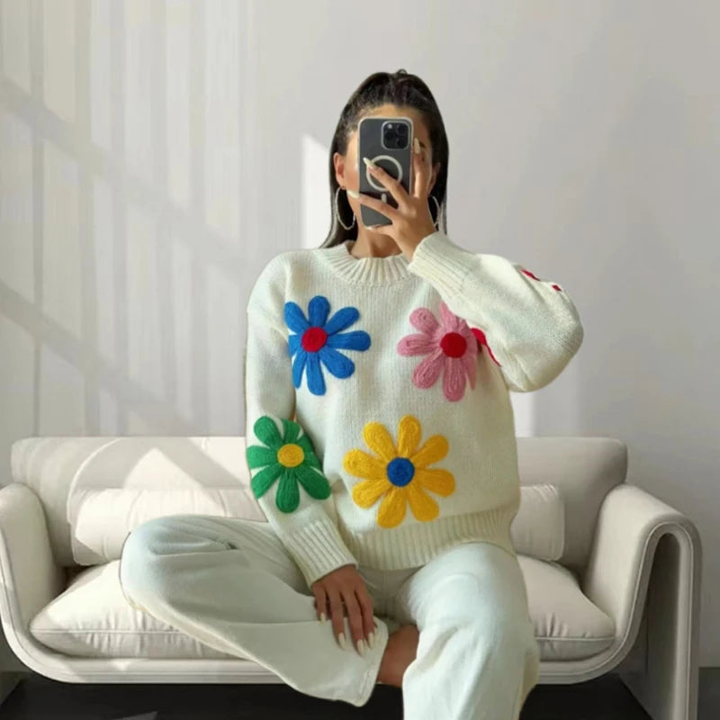 Long Sleeved Outwear Warm Loose Jumper Streetwear Women's Knit Casual Sweaters Flowers Decorative Top Pullovers Knitwear