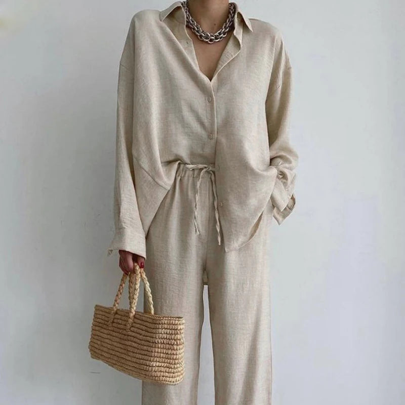 2 Piece Sets Outfit Vintage Clothes Long Sleeve New Long Pant Sets Two Piece Set For Women Summer Pocket Loose Shirt Casual Suit
