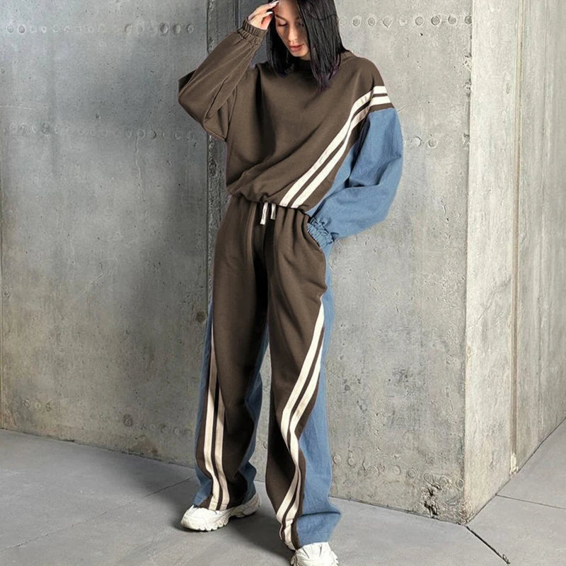 Spring Autumn Fashion Women 2 Pcs Set Round Neck Pullovers High Waist Drawstring Contrast Color Striped Pants Two-piece Set