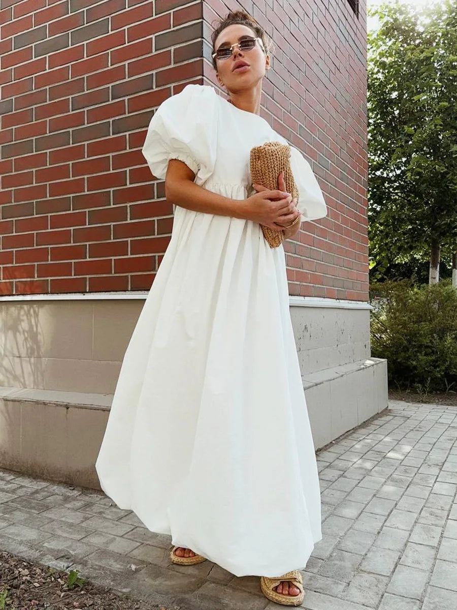 New Cotton O Neck Puff Sleeve Dresses Spring Women Solid Color Loose Casual Long Dress Summer High Waist Folding Pullover Dress