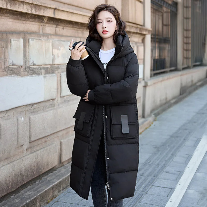 Female Hooded Cotton Down Jackets Fluff Clothing Outerwear Long Winter Maxi Long Women Coat Casual Loose Overcoat Jacket Parka