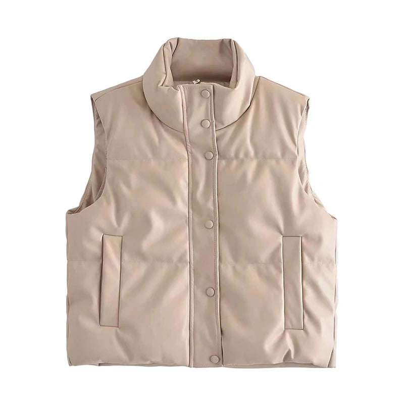 Spring Autumn Leather Vest Women Female Sleeveless Waterproof Jacket Women Puffy Down Waistcoat PU Puffer O-neck Vest Winter