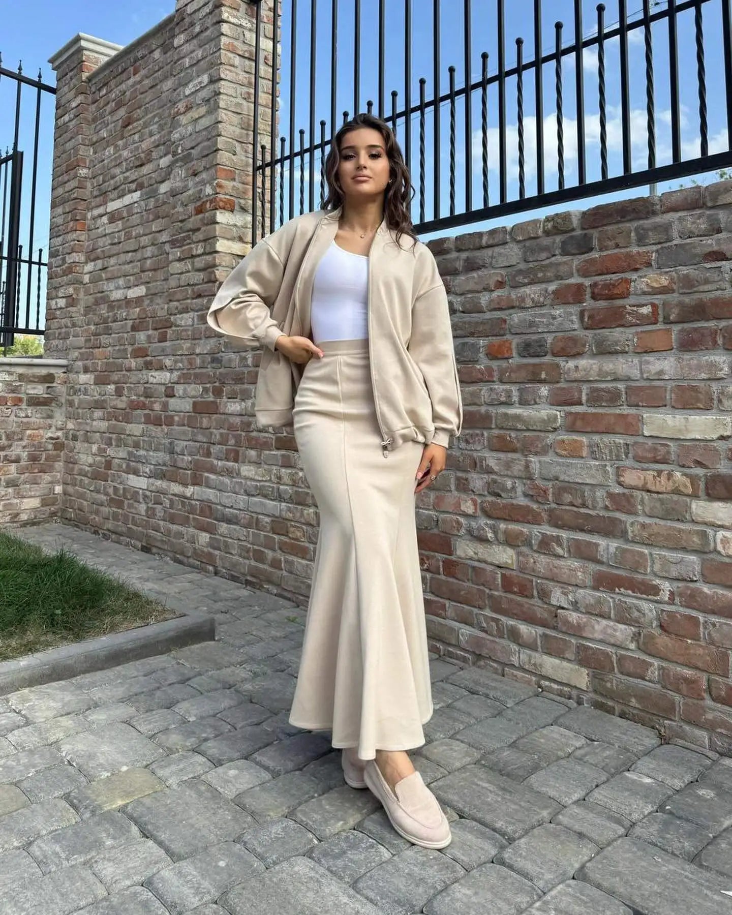 Spring Autumn Casual Two-Piece Set Women Jacket Slim Fit Fish Tail Wrapped Skirt Minimalist Retro Elegant High Waist Skirt Suit