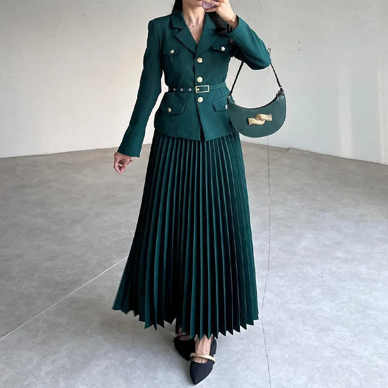 Spring Chic Two Pieces Set Women Single-breasted Lapel Casual Top Coat Belt Pleated Midi Skirt Suit Lady Autumn Fashion Outfit