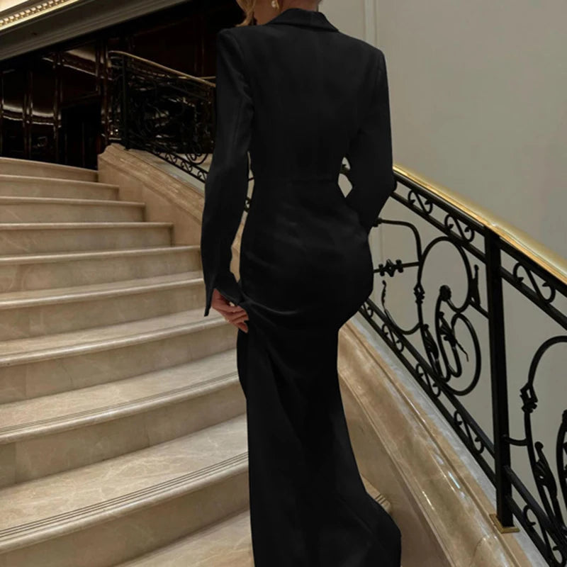 Spring Elegant High Waist Dresses Women V-neck Long Sleeved Split Long Dress Autumn Female Single Breasted Floor Length Dress