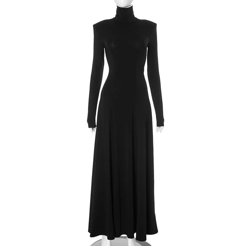 Spring Autumn Elegant High Collar Evening Dresses Women Black Long Sleeves Backless Dress Fashion Bodycon Banquet Vestidos Dress