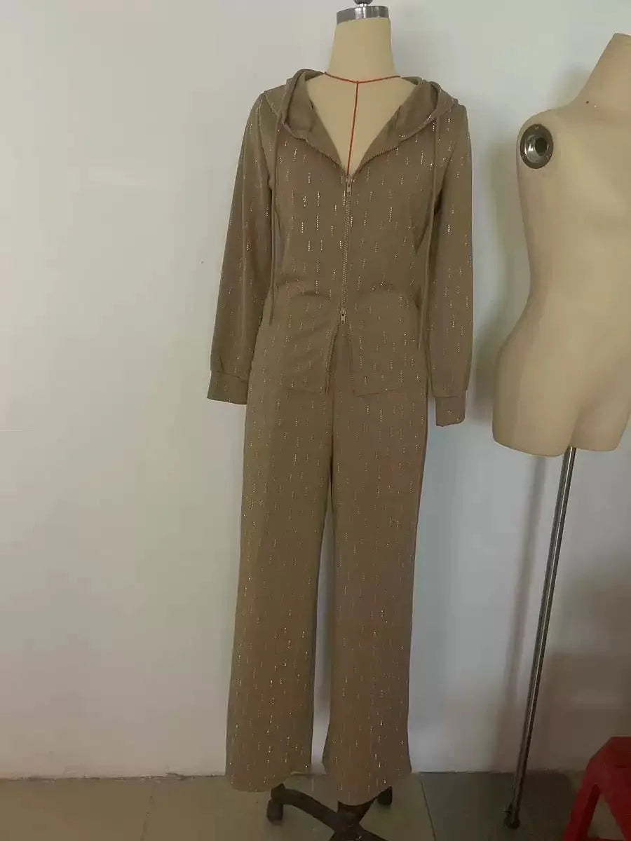 Spring Elegant Pantsuits Women Diamond Hooded Long Sleeved Zipper Jacket+High Waist Straight Wide Leg Pants Female Two Piece Set