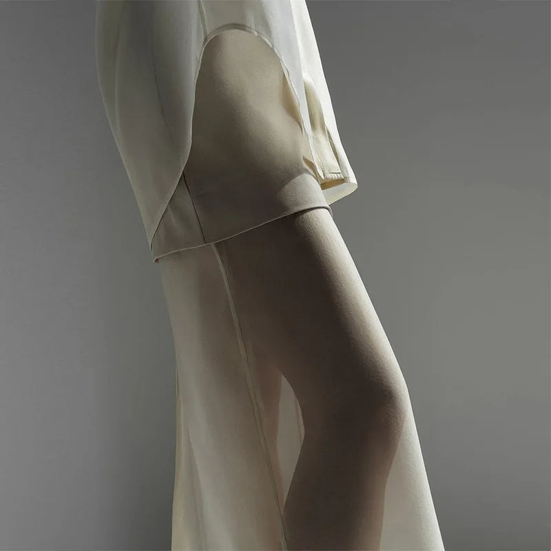 Women Spring Autumn Clothing Mercerized Mesh Lapel Long-sleeved Shirt+High Waist Splicing Bust Skirt Suit Female Two-piece Set