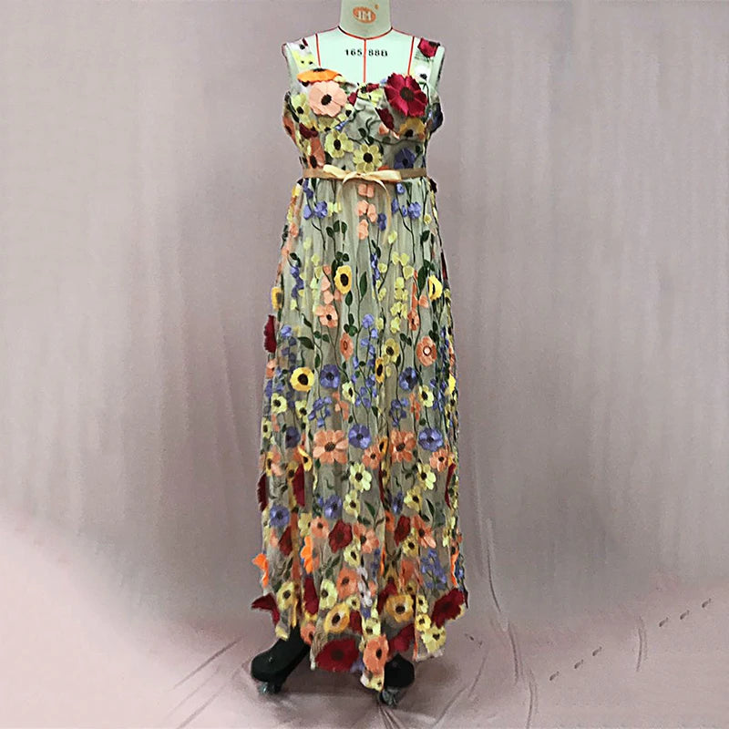 Elegant Embroidery 3D Flowers Dresses Spring Women V-neck Sleeveless Camisole Dress Summer High Waist Zipper Floor Length Dress