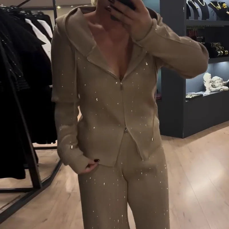 Spring Elegant Pantsuits Women Diamond Hooded Long Sleeved Zipper Jacket+High Waist Straight Wide Leg Pants Female Two Piece Set