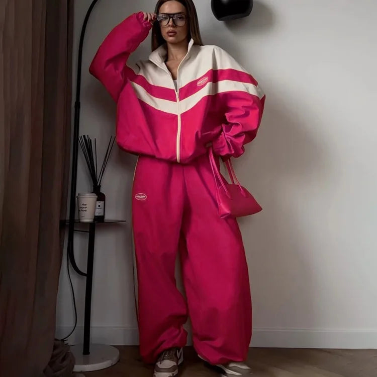 Spring Autumn Street Jumper Two Piece Set Women Long Sleeve Zipper Jacket+Patchwork Hip-Hop Sports Pant Suit Loose Women Outfit