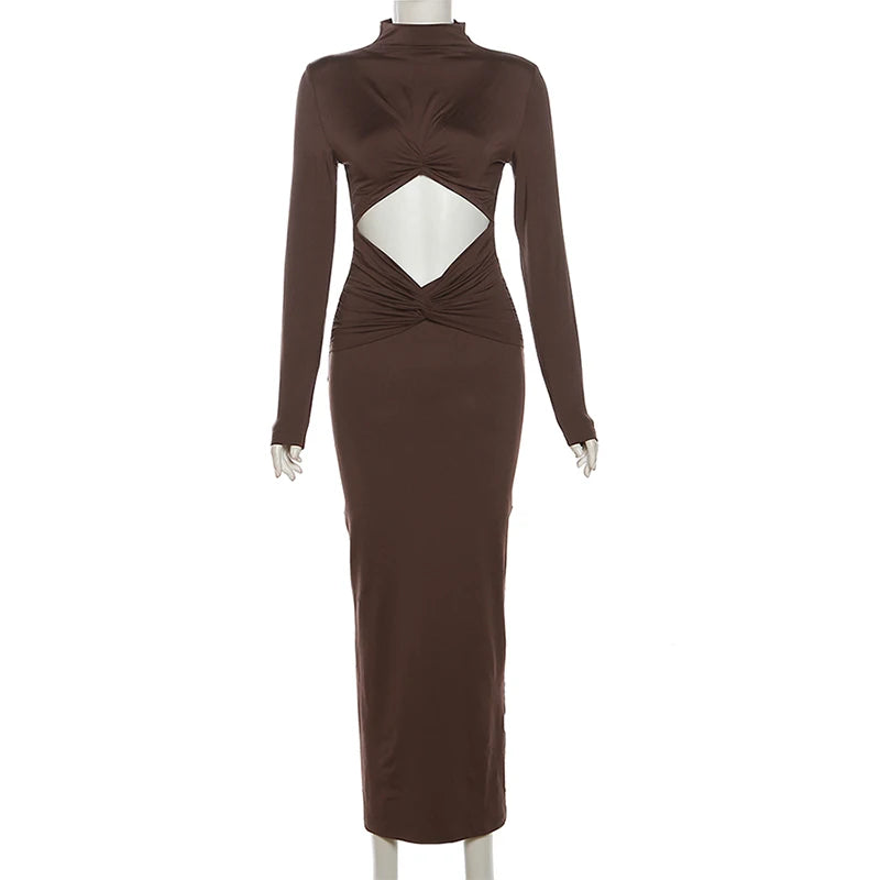 Ladies Evening Party Dress Prom Sexy Bodycon Ruched Hollow Women Maxi Dress High Neck Full Sleeve Slim Fit Elegant Solid Dresses