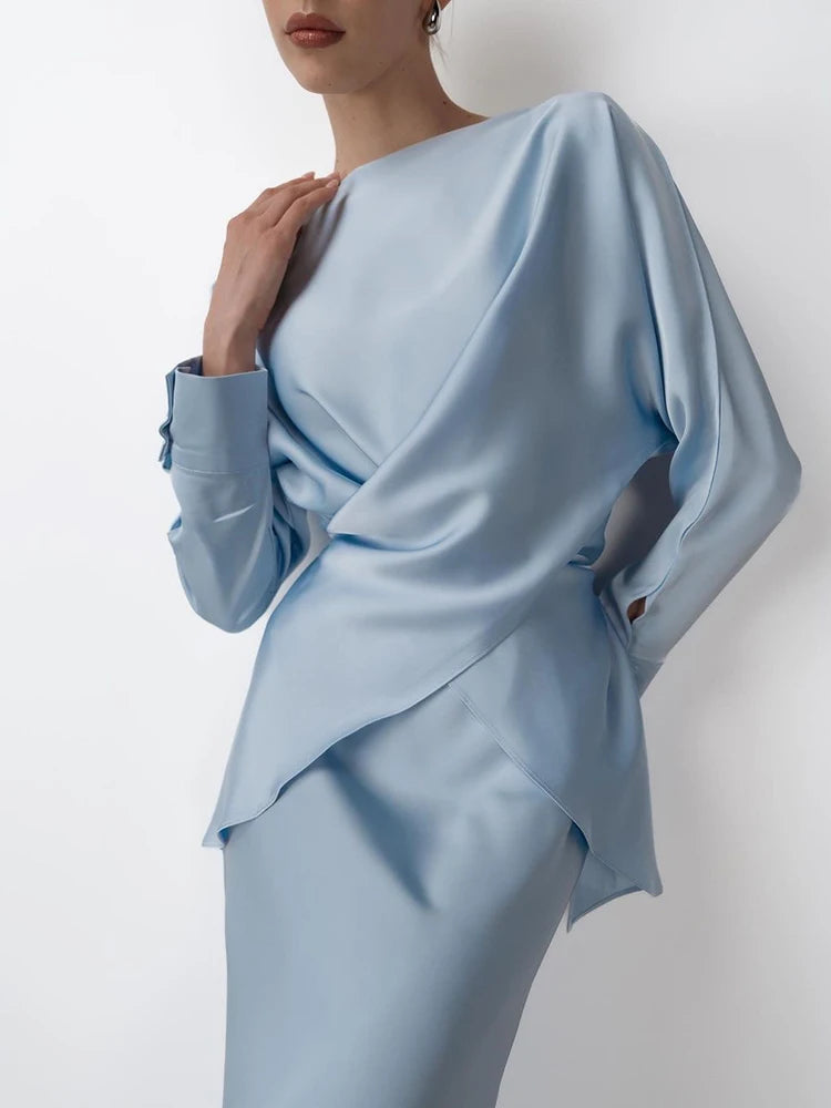 Spring Elegant Satins Outfit Women Long Sleeved Lace Up Top+High Waist Loose Straight Bust Skirt Autumn Female Two Piece Set