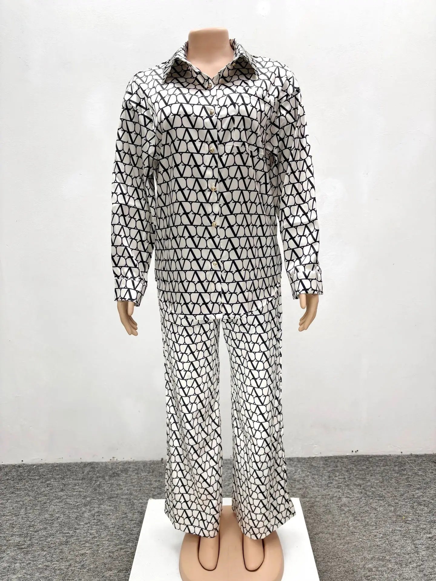 Spring Fashion Printing Two Piece Set Spring Women Long Sleeves Lapel Shirt+High Waist Loose Wide Leg Pants Autumn Female Outfit