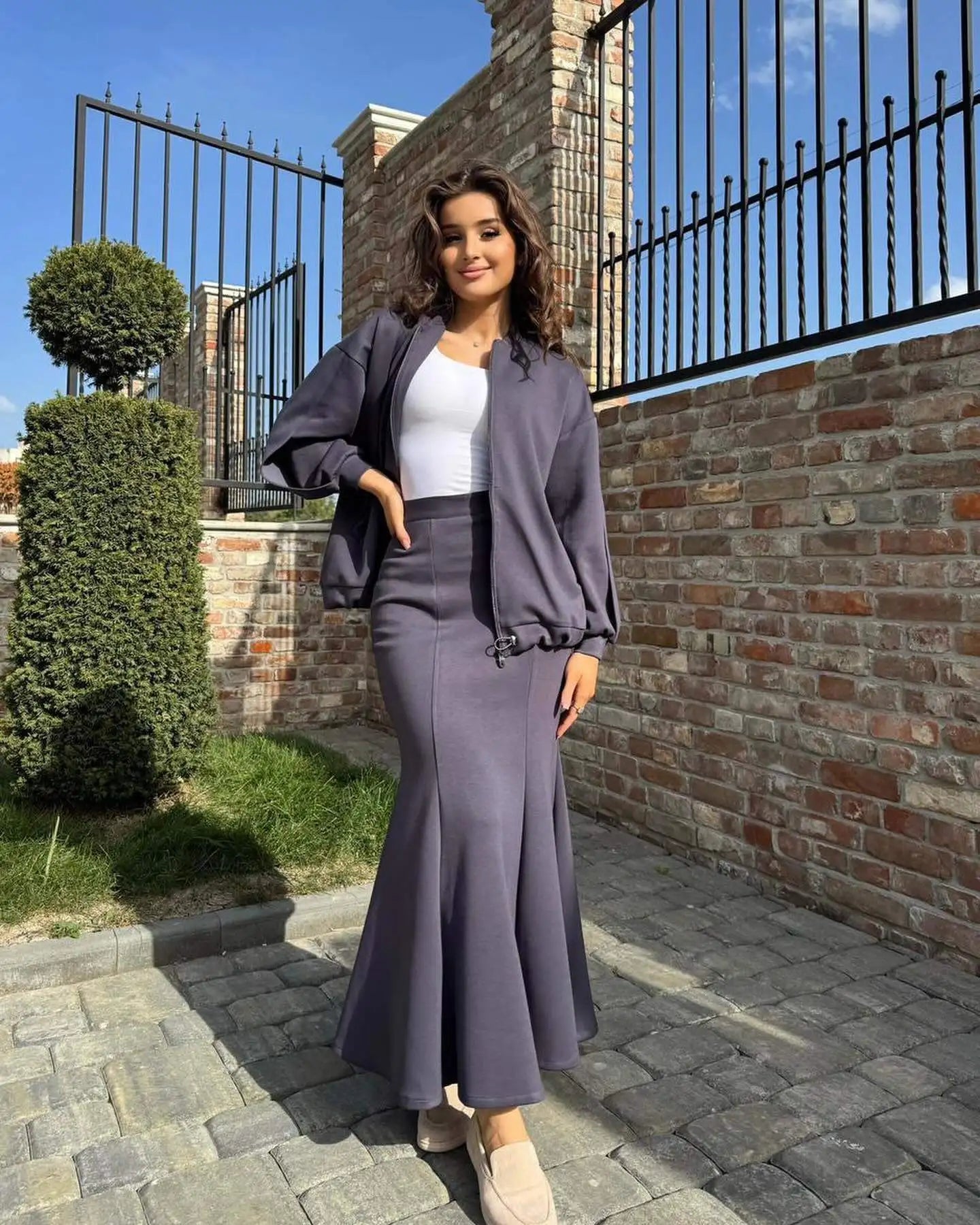 Spring Autumn Casual Two-Piece Set Women Jacket Slim Fit Fish Tail Wrapped Skirt Minimalist Retro Elegant High Waist Skirt Suit