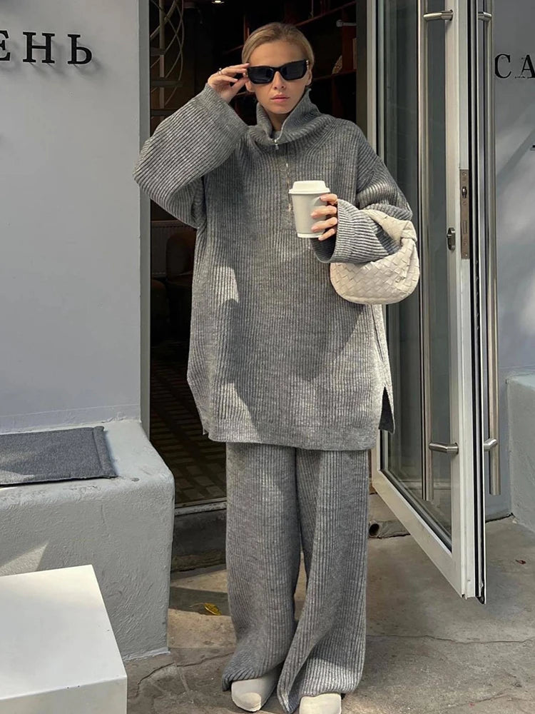 Autumn Winter Women Two Piece Set Turtleneck Half Zipper Knit Sweater+High Waist Straight Wide Leg Pants Female Knitted Set