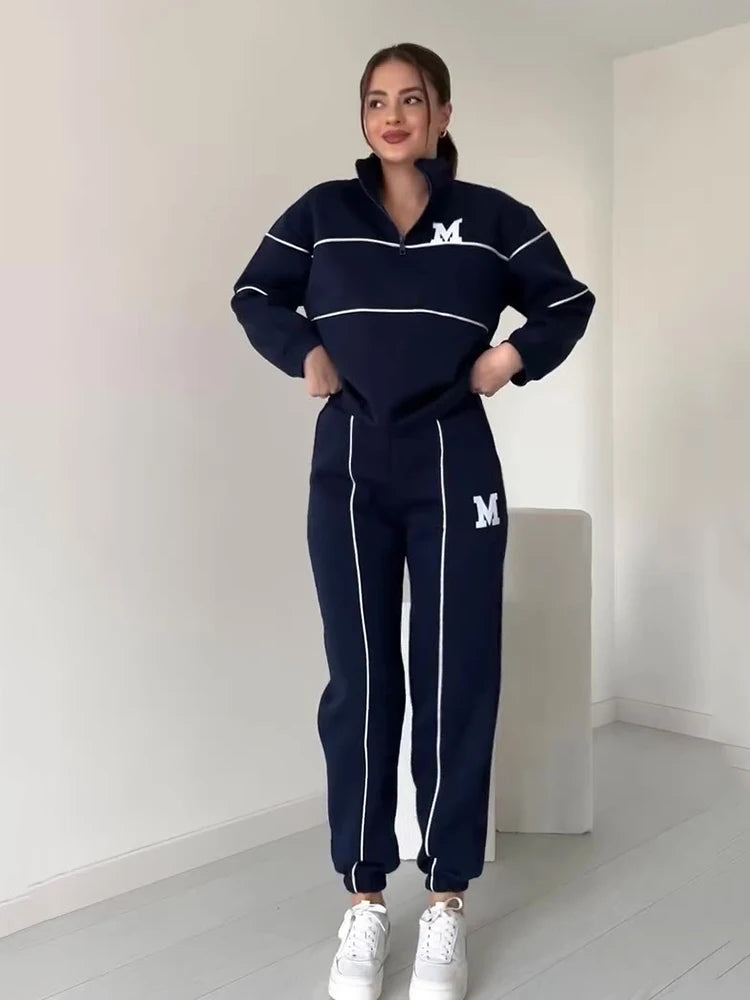 Women Clothing Pants Set Autumn Winter Women Casual Set Long Sleeved Zipper Cardigan Sweater Lace Up Striped Pants 2 Piece Sets