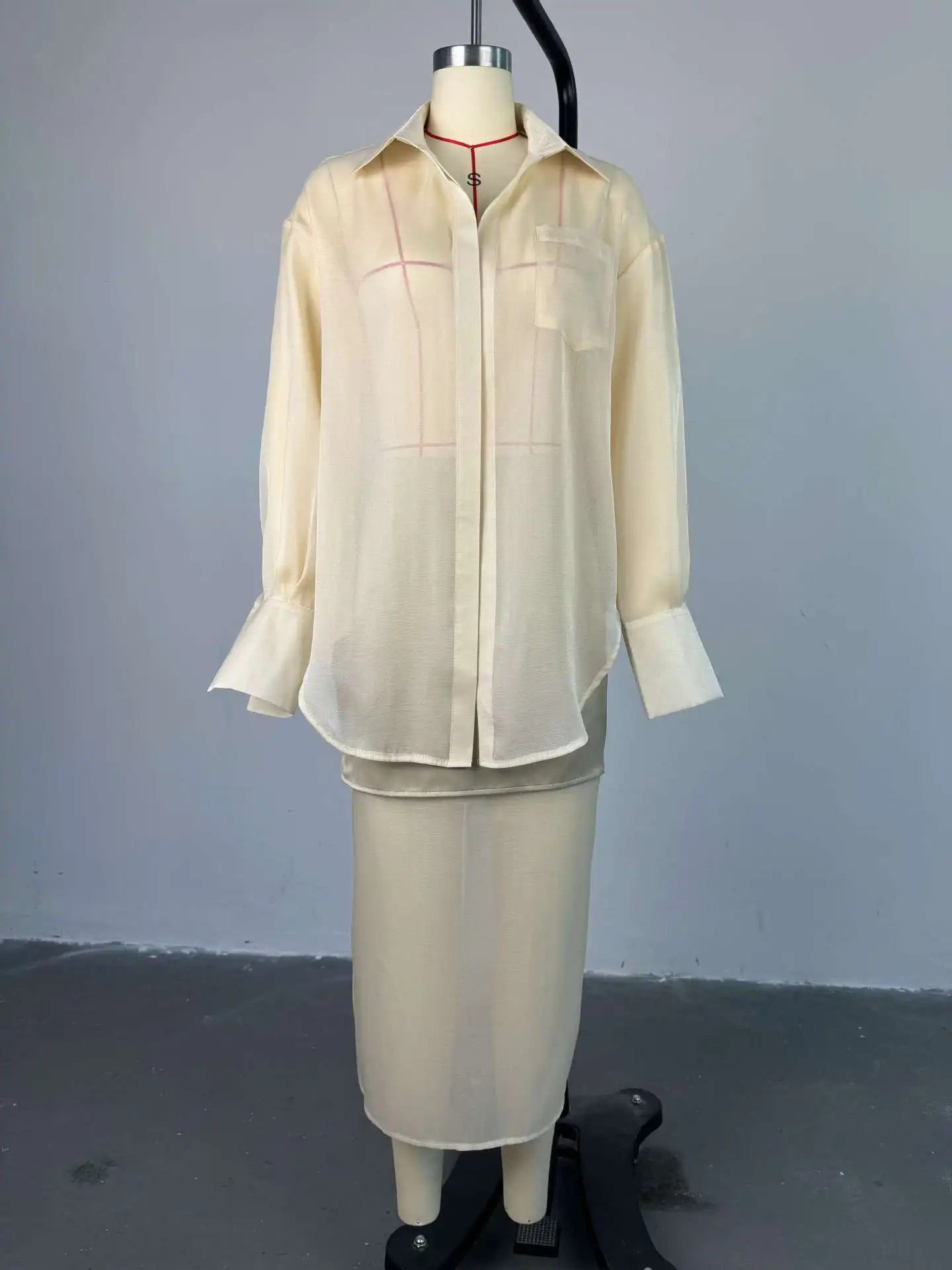 Women Spring Autumn Clothing Mercerized Mesh Lapel Long-sleeved Shirt+High Waist Splicing Bust Skirt Suit Female Two-piece Set