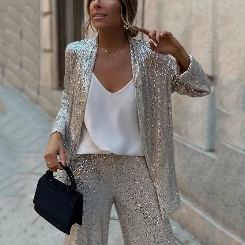Spring Sequin Fashion Two-piece Set Women Straight Legg Slim Patchwork Outwear Top+High Waist Straight Pants Sets Female Outfits