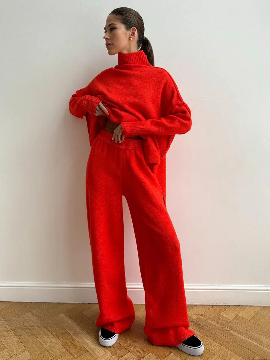 Autumn Winter Casual Knit Sweater Two-Piece Set Woman Loose Fashion Turtleneck Long Sleeve Pullover Sweater Straight Pants Suit