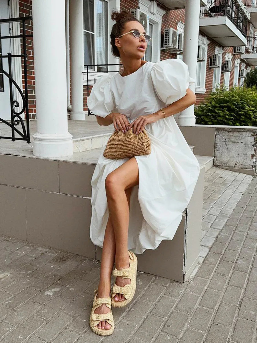 New Cotton O Neck Puff Sleeve Dresses Spring Women Solid Color Loose Casual Long Dress Summer High Waist Folding Pullover Dress