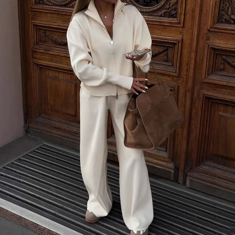 Spring Autumn Lady Solid Tracksuit Casual Knitted Cardigan Pants Sets 2 Pieces For Women Stand Collar Zipper Coat Wide Leg Pants