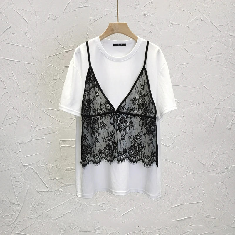 Summer Female Short Sleeve Casual Tee Women Fake Two Piece Chest Lace Stitching T-Shirt Fashion Tops Ladies Chic T-Shirt