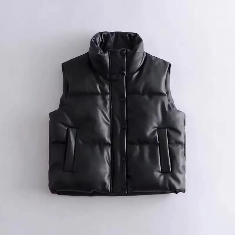 Spring Autumn Leather Vest Women Female Sleeveless Waterproof Jacket Women Puffy Down Waistcoat PU Puffer O-neck Vest Winter