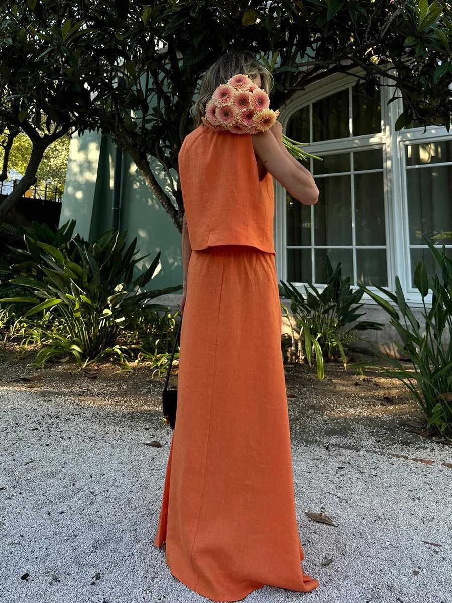New Street Cotton Linen Vest Skirt Outfit Spring Women Sleeveless V-neck Tank Top+High Waist Loose Big Swing Skirt Two Piece Set