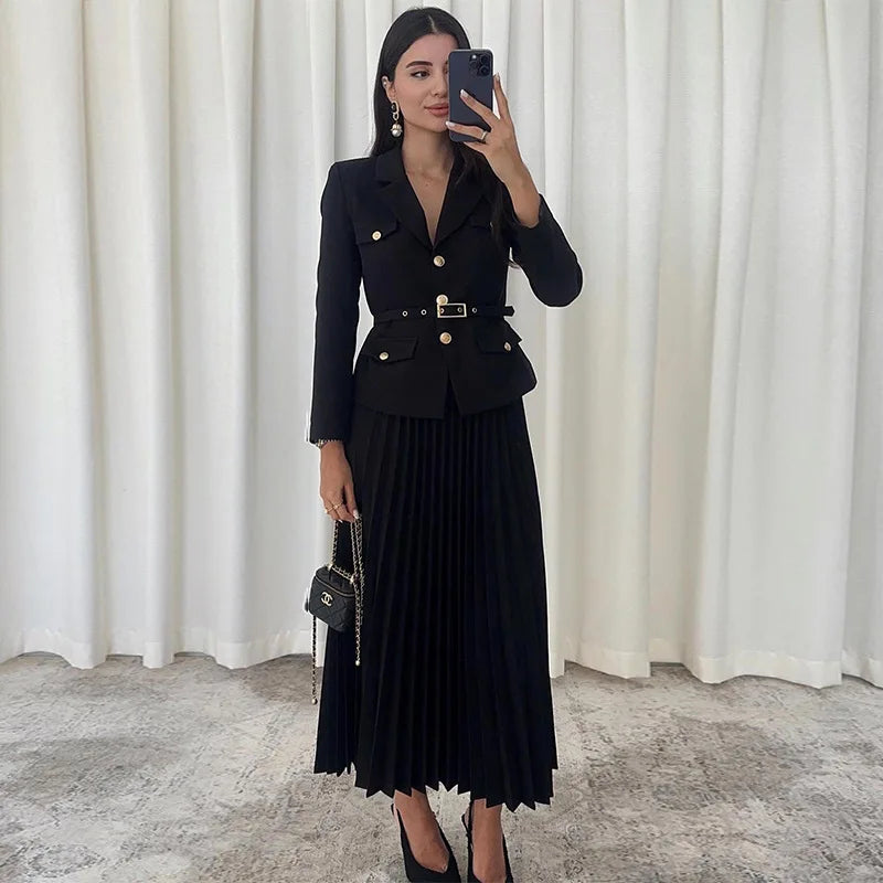 Spring Chic Two Pieces Set Women Single-breasted Lapel Casual Top Coat Belt Pleated Midi Skirt Suit Lady Autumn Fashion Outfit