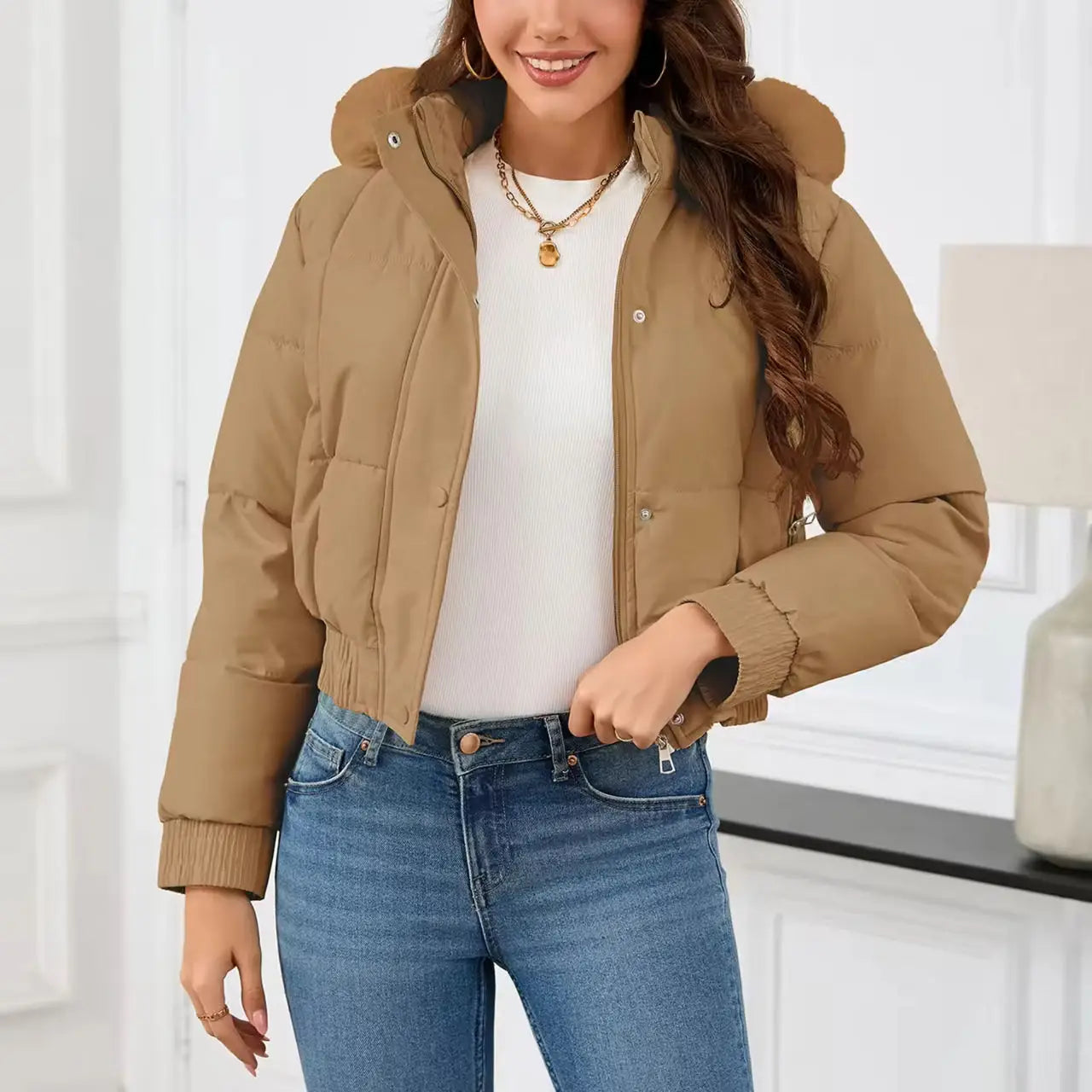 New Winter Warm Hooded Down Cotton Jacket Women Thickened Fleece Lining Big Fur Collar Long Sleeve Short Parkas Jacket Coat