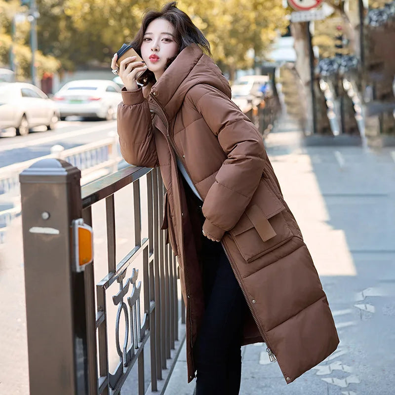 Female Hooded Cotton Down Jackets Fluff Clothing Outerwear Long Winter Maxi Long Women Coat Casual Loose Overcoat Jacket Parka