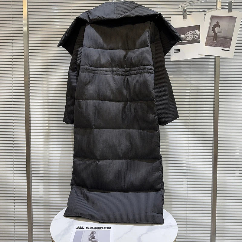 Winter Big Turn Down Collar Long Down Jacket Drawstring Striped Thick Knee Length Overcoat Warm White Duck Down Jacket Women