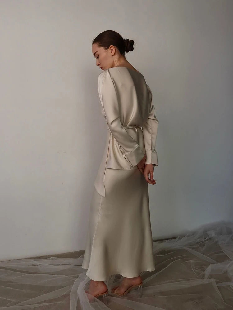 Spring Elegant Satins Outfit Women Long Sleeved Lace Up Top+High Waist Loose Straight Bust Skirt Autumn Female Two Piece Set