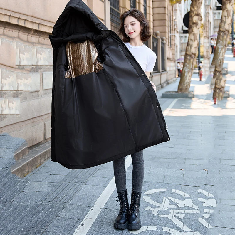 Female Hooded Cotton Down Jackets Fluff Clothing Outerwear Long Winter Maxi Long Women Coat Casual Loose Overcoat Jacket Parka