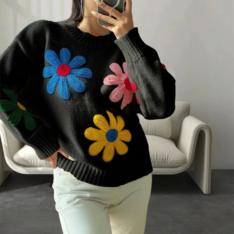 Long Sleeved Outwear Warm Loose Jumper Streetwear Women's Knit Casual Sweaters Flowers Decorative Top Pullovers Knitwear
