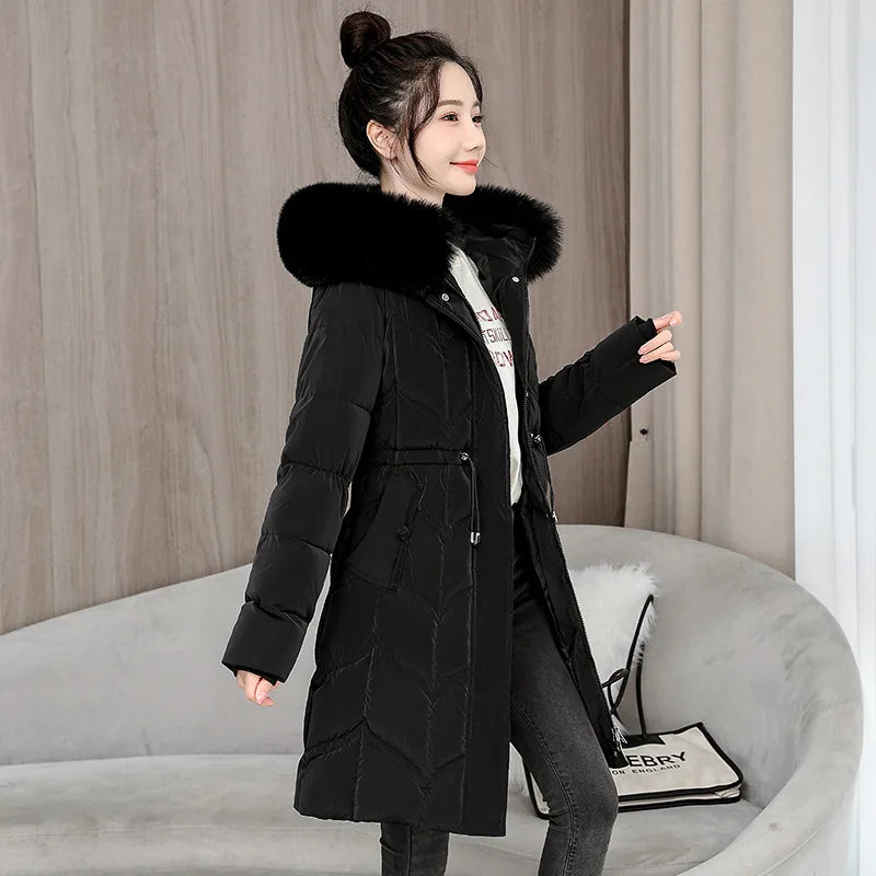Winter Long Woman Hooded Down Jackets Parkas with Belt Long Coat Women Overcoat New Fur Collar Elegant Thick Warm Padded Jacket