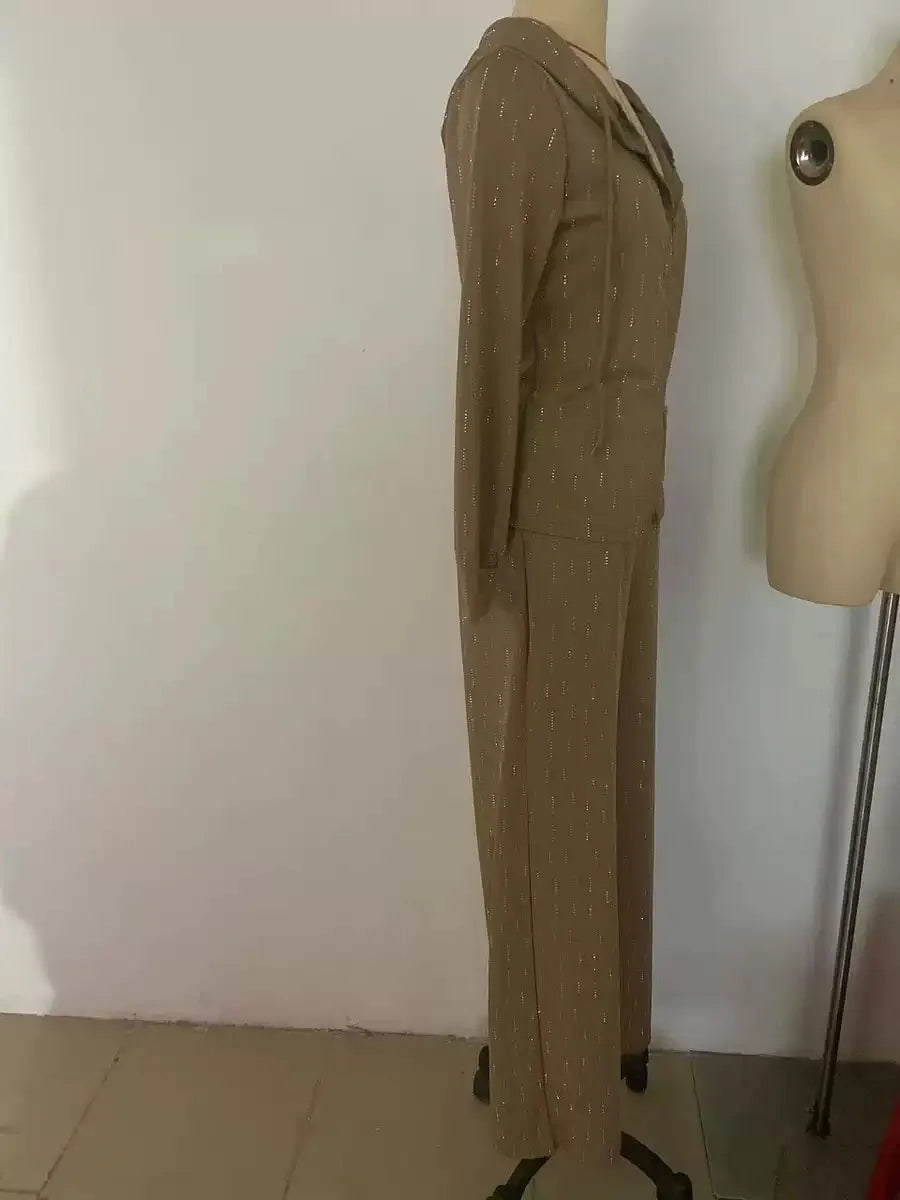 Spring Elegant Pantsuits Women Diamond Hooded Long Sleeved Zipper Jacket+High Waist Straight Wide Leg Pants Female Two Piece Set