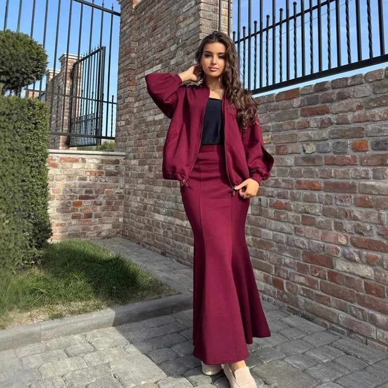 Spring Autumn Casual Two-Piece Set Women Jacket Slim Fit Fish Tail Wrapped Skirt Minimalist Retro Elegant High Waist Skirt Suit