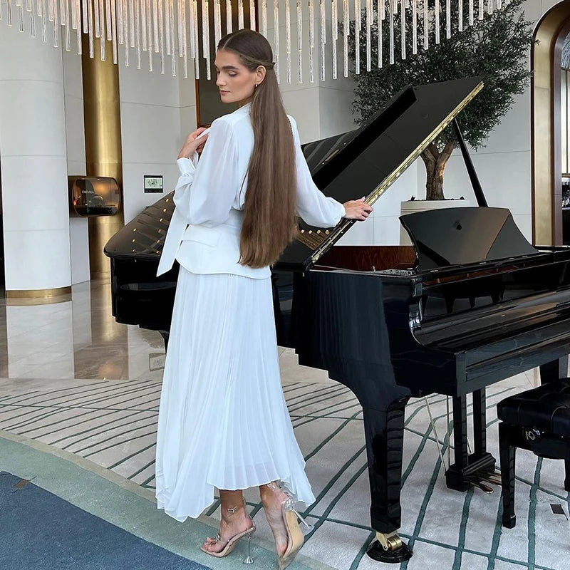 Women Dress Sets Skirt Two Piece Sets Elegant White Irregularity V Neck Full Sleeve Tops Lace Up Pleated A Line Long Skirts Suit