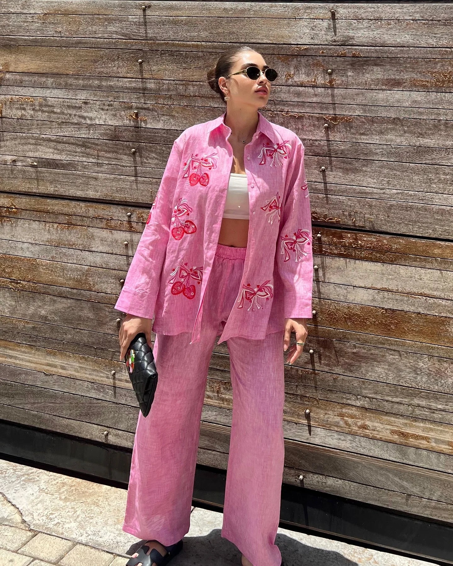 Fashion Embroidery Casual Trousers Outfit Spring Women Long Sleeved Lapel Shirt+High Waist Loose Wide Leg Pants Two Piece Set