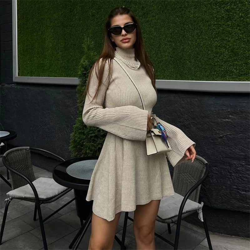 Flare Long Sleeve Black Dresses Party Vestidos Turtleneck Knitted Sweater Mini Dress Women Autumn Winter Vintage Casual Dress