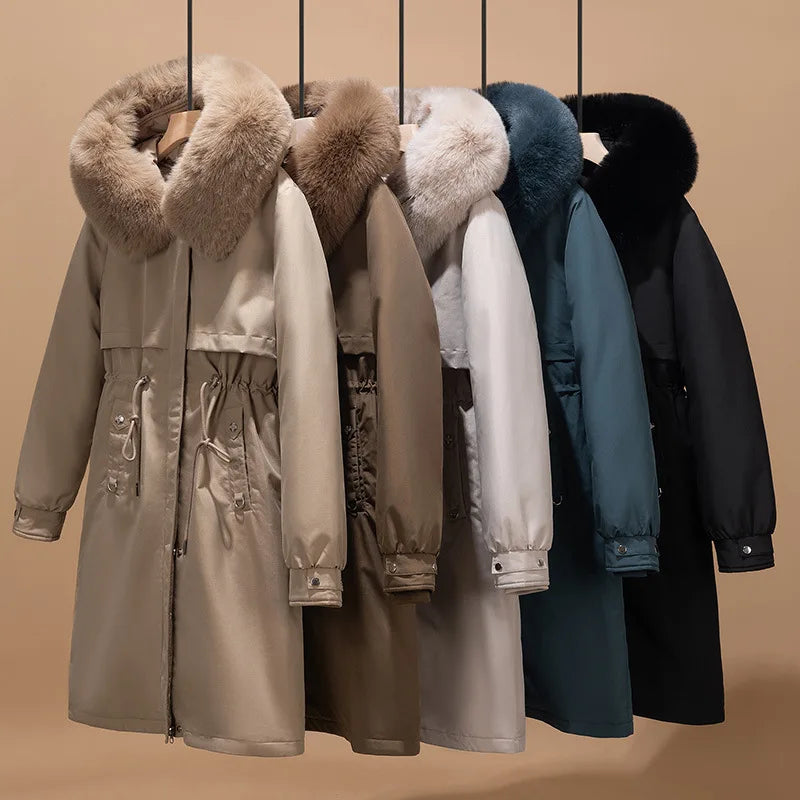 Winter Wool Liner Hooded Jacket Fur Collar Warm Thick Snow Wear Oversize Padded Parka Women Loose Long Coat Jacket Parka Clothes