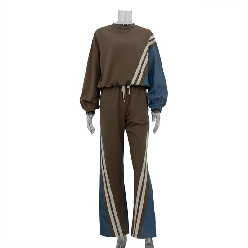 Spring Autumn Fashion Women 2 Pcs Set Round Neck Pullovers High Waist Drawstring Contrast Color Striped Pants Two-piece Set
