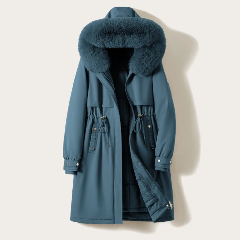 Winter Wool Liner Hooded Jacket Fur Collar Warm Thick Snow Wear Oversize Padded Parka Women Loose Long Coat Jacket Parka Clothes