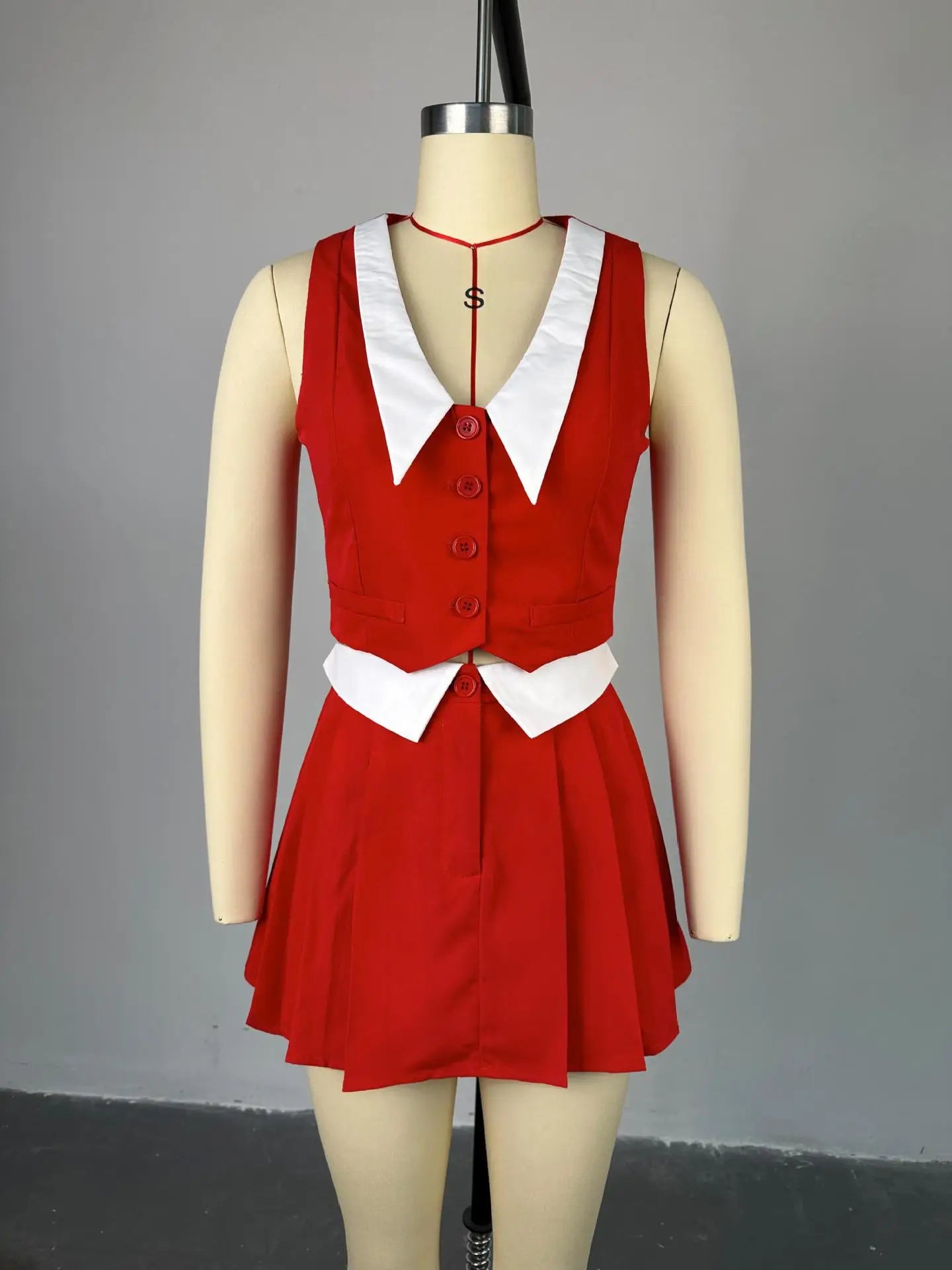 Streetwear Contrast Color Two Piece Set Outfits Elegant V-neck Sleeveless Button Vest Tops+Pleat Mini Skirt Suit Summer Slim Set