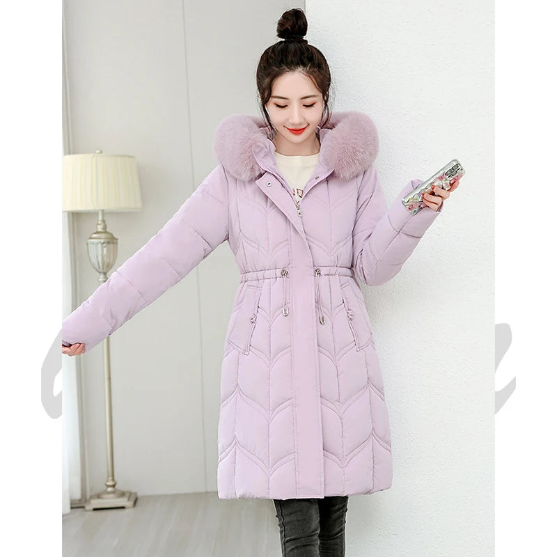 Winter Long Woman Hooded Down Jackets Parkas with Belt Long Coat Women Overcoat New Fur Collar Elegant Thick Warm Padded Jacket