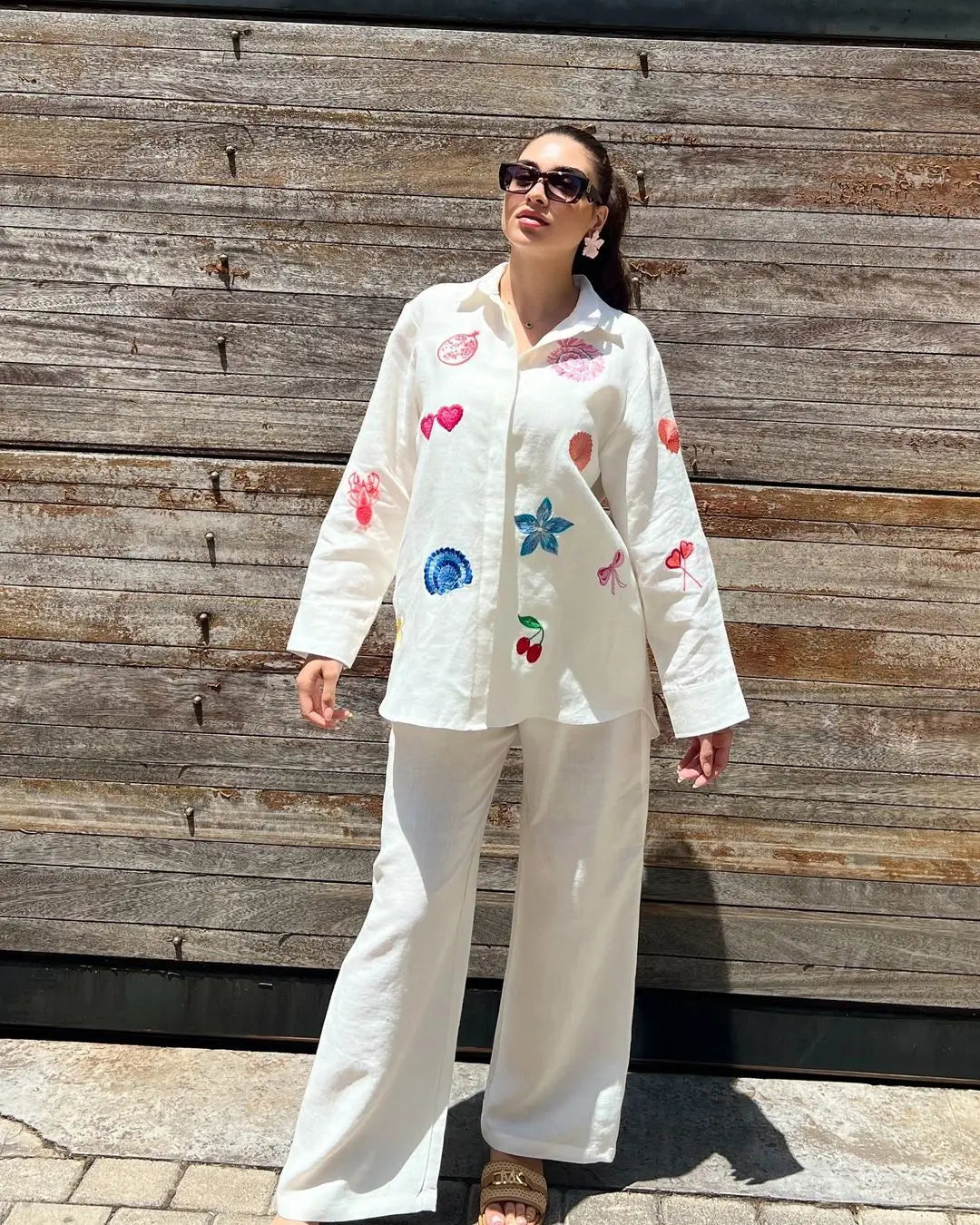 Fashion Embroidery Casual Trousers Outfit Spring Women Long Sleeved Lapel Shirt+High Waist Loose Wide Leg Pants Two Piece Set